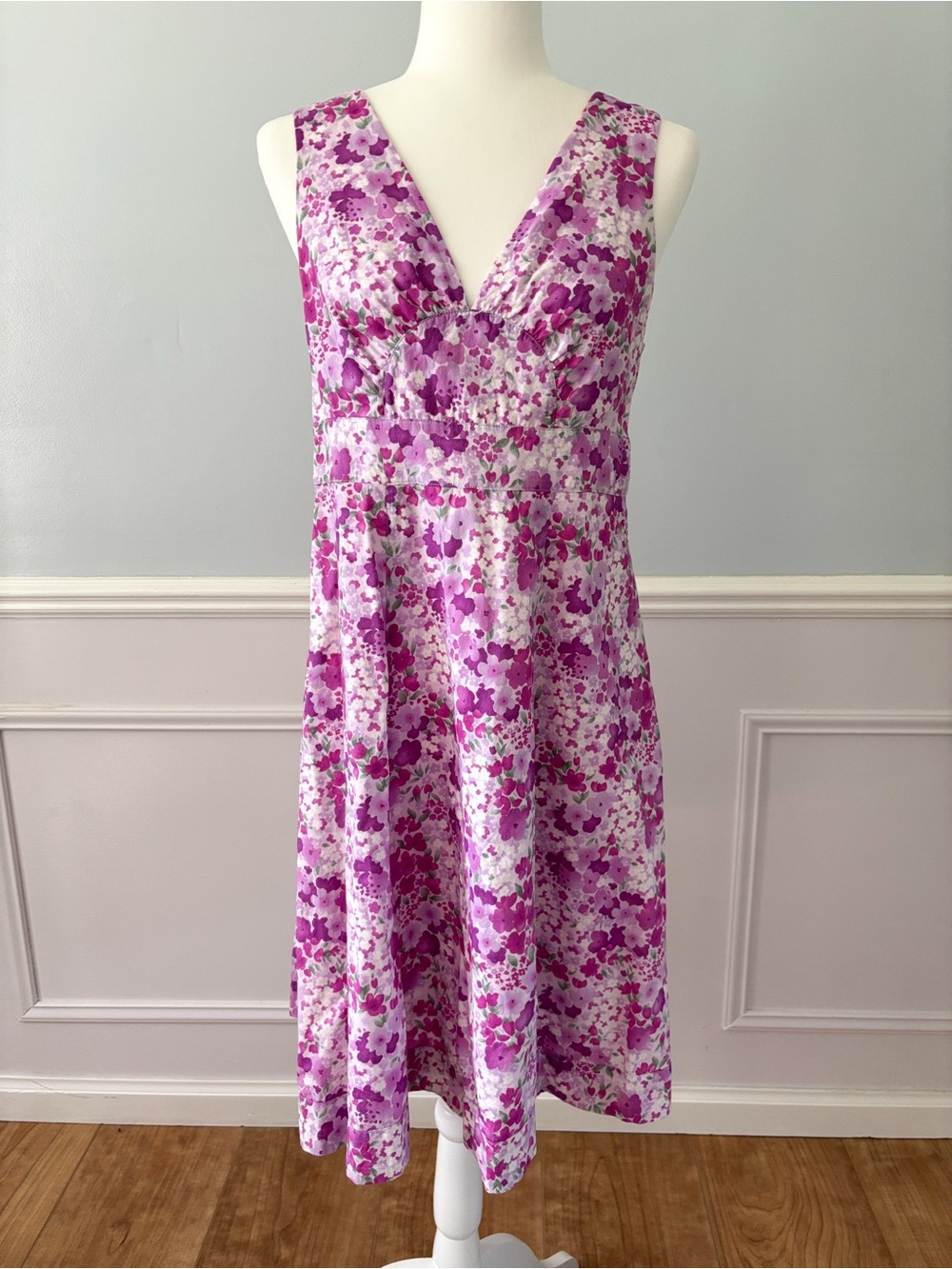 Garnet Hill Pink Purple Floral V-Neck Midi Dress Sz 12P 100% Cotton Fit & Flare